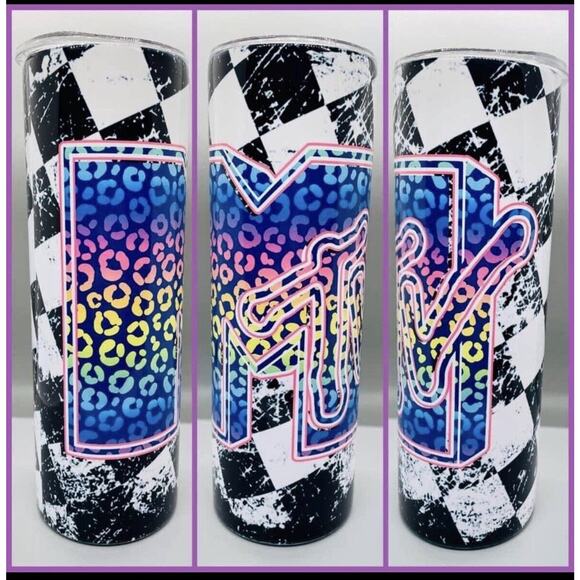 MTV 20 oz Skinny Tumbler with Straw and Lid Retro Checkerboard Rainbow Leopard - Picture 1 of 2